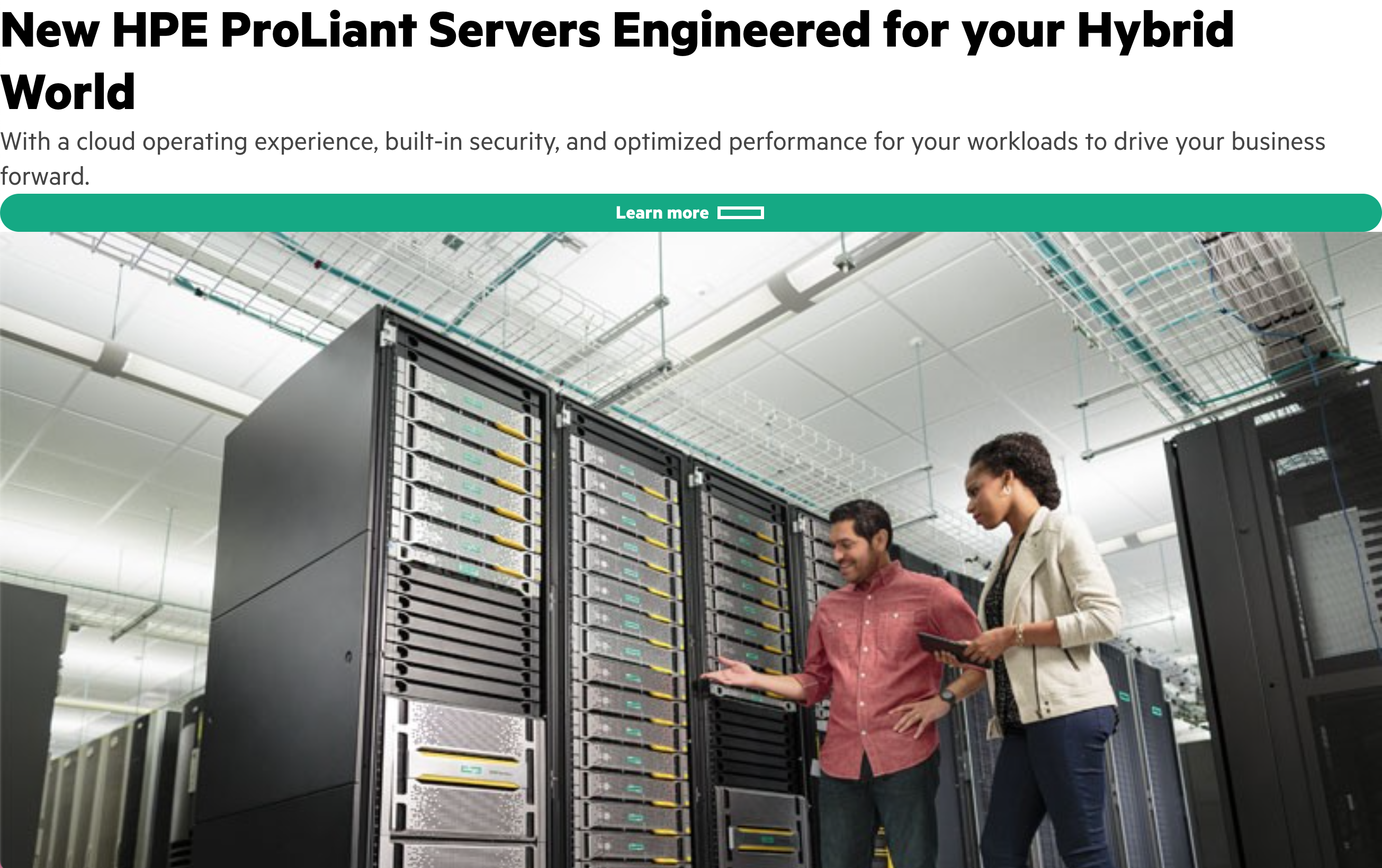 Hero section with a heading, paragraph, button, and image of two IT professionals inspecting a server rack.