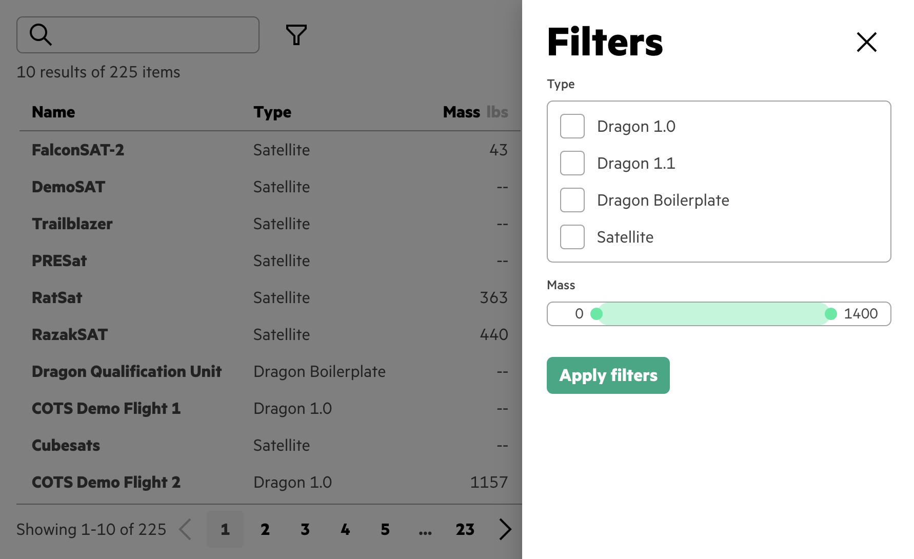 Filters for type and mass displayed in a drop over a datatable presenting SpaceX data.
